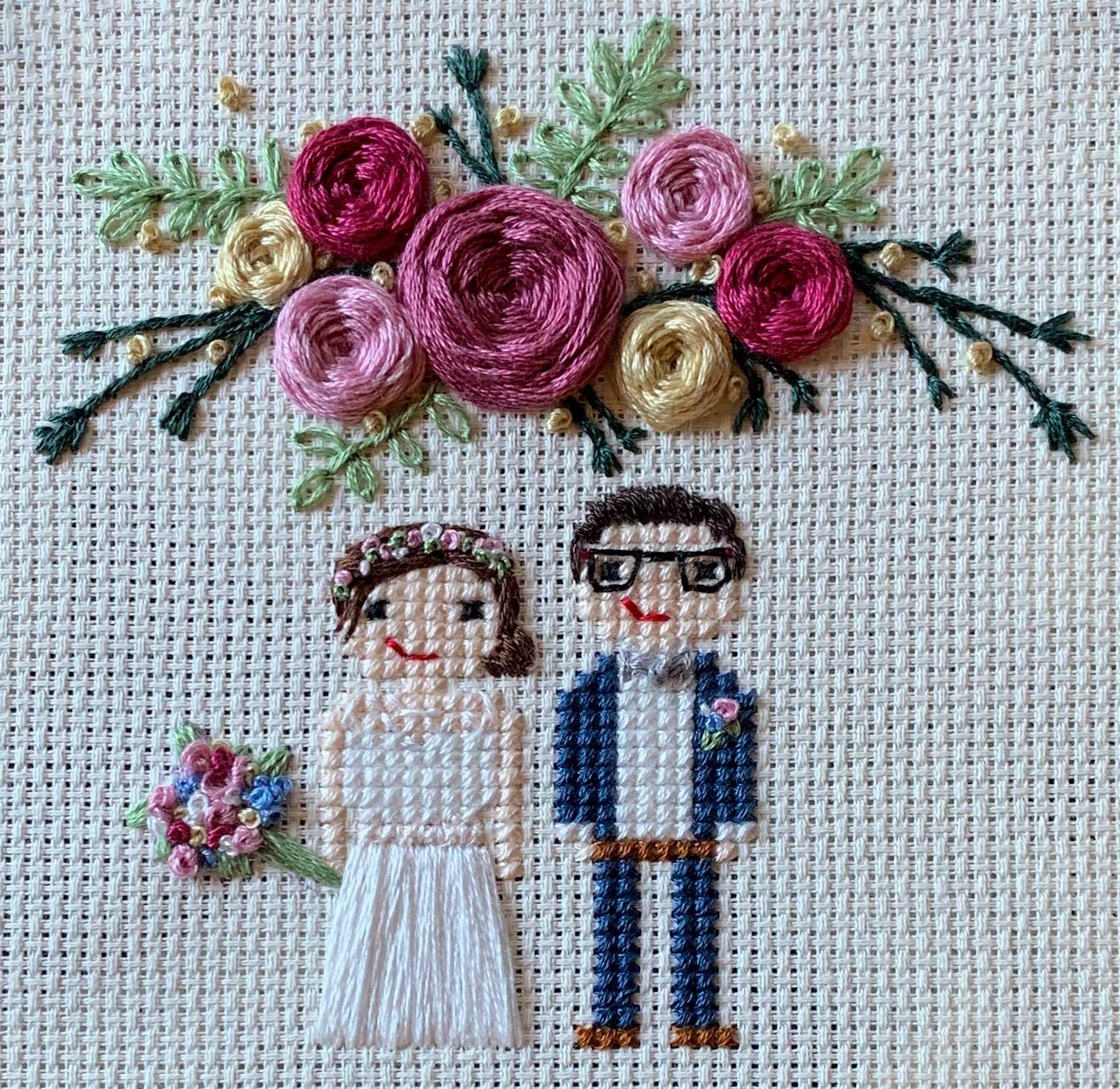 Marisa and Florian in their wedding outfits as embroidery artwork